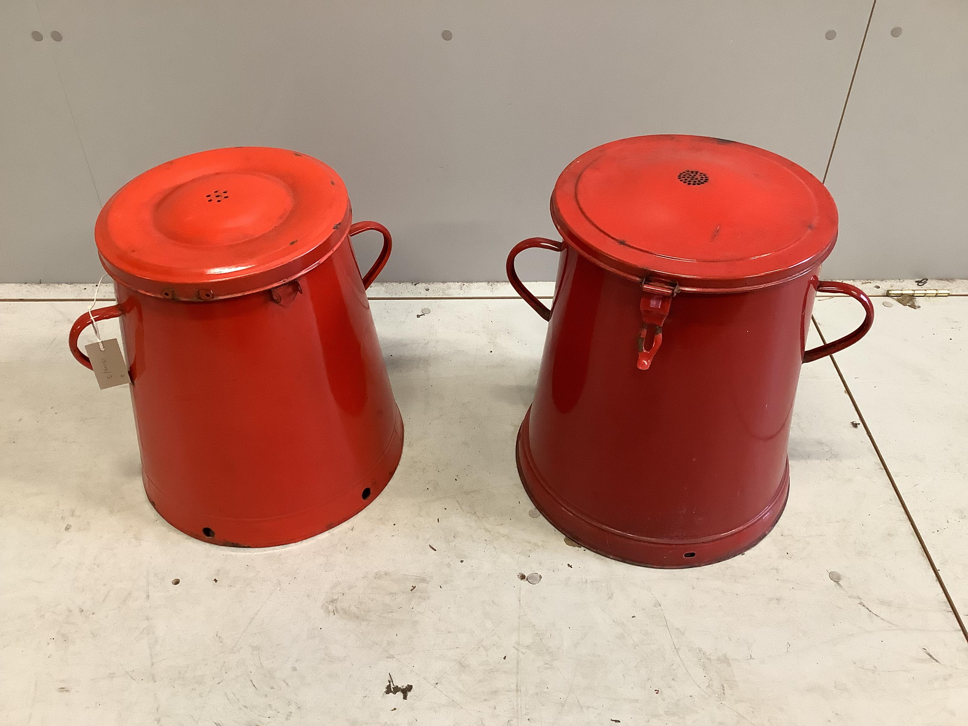 Two European mid century enamel kitchen storage containers, height 41cm
